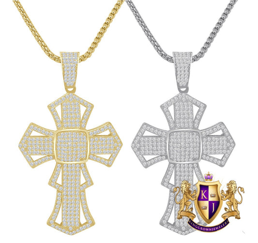 26 + Grams Big 2.5'' Genuine Sterling Silver Simulated Diamond 14K Gold Over Jesus Cross Designer Custom Charm Pendent Chain Set