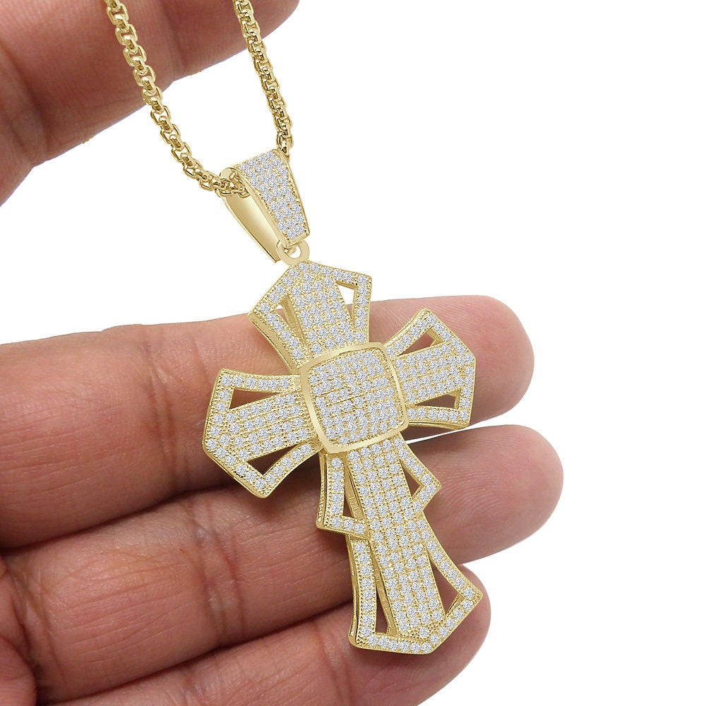 26 + Grams Big 2.5'' Genuine Sterling Silver Simulated Diamond 14K Gold Over Jesus Cross Designer Custom Charm Pendent Chain Set