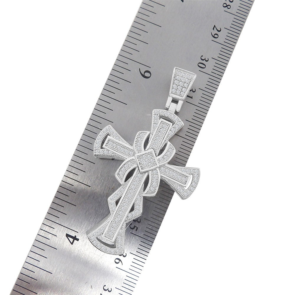 Real Genuine Sterling Silver Simulated Diamond 14K White Gold Over Jesus Cross Designer Custom Charm Pendent Chain Set