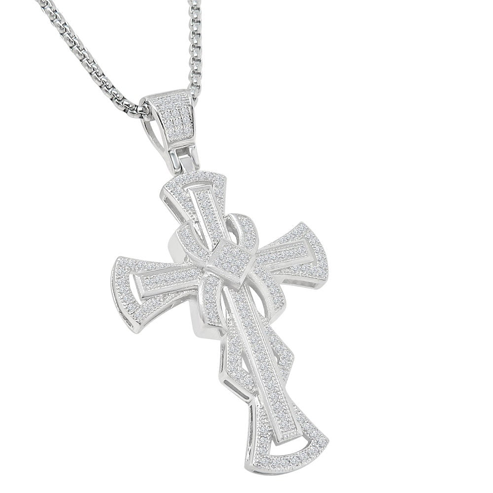 Real Genuine Sterling Silver Simulated Diamond 14K White Gold Over Jesus Cross Designer Custom Charm Pendent Chain Set