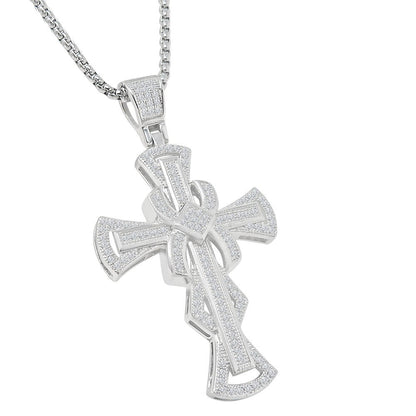 Real Genuine Sterling Silver Simulated Diamond 14K White Gold Over Jesus Cross Designer Custom Charm Pendent Chain Set