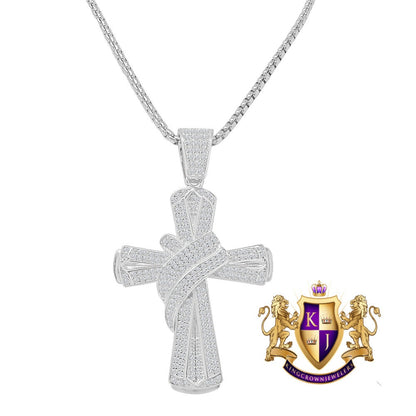 Men's Real Sterling Silver Simulated Diamond 14K White Gold Over Jesus Cross Designer Custom Charm Pendent Chain Set