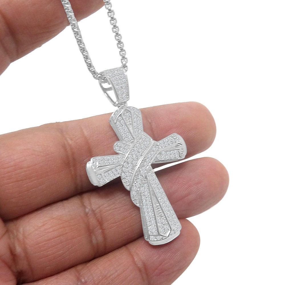 Men's Real Sterling Silver Simulated Diamond 14K White Gold Over Jesus Cross Designer Custom Charm Pendent Chain Set