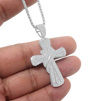 Men's Real Sterling Silver Simulated Diamond 14K White Gold Over Jesus Cross Designer Custom Charm Pendent Chain Set