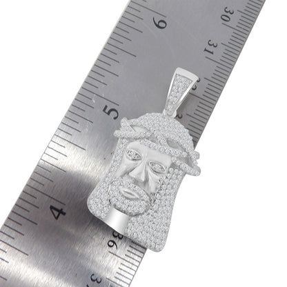 Men's Real Sterling Silver Simulated Diamond 14K White Gold Over Jesus Face Piece Charm Pendent Chain Set