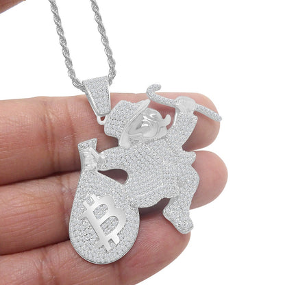 25 + Grams 14K White Gold On Genuine Sterling Silver Diamond Money Man Dollar Bag Custom Designer Charm Bitcoin Pendent Chain