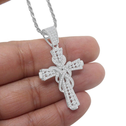Men's Real Sterling Silver Simulated Diamond 14K White Gold Over Jesus Cross Piece Charm Pendent Chain Set Mini 1.90''