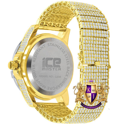 Men's Fully Iced 18k 2 Tone Gold Finish Simulated Diamond 10 Row Custom Band Luxury Watch 44mm