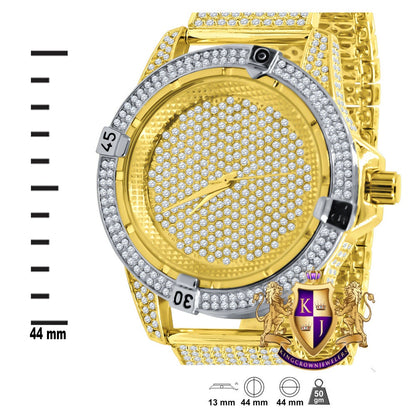 Men's Fully Iced 18k 2 Tone Gold Finish Simulated Diamond 10 Row Custom Band Luxury Watch 44mm