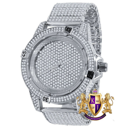 Men's Fully Iced 18k White Gold Finish Simulated Diamond 10 Row Custom Band Luxury Watch 44mm