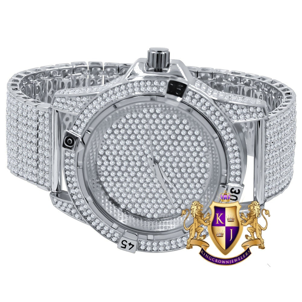Men's Fully Iced 18k White Gold Finish Simulated Diamond 10 Row Custom Band Luxury Watch 44mm