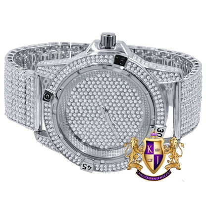 Men's Fully Iced 18k White Gold Finish Simulated Diamond 10 Row Custom Band Luxury Watch 44mm