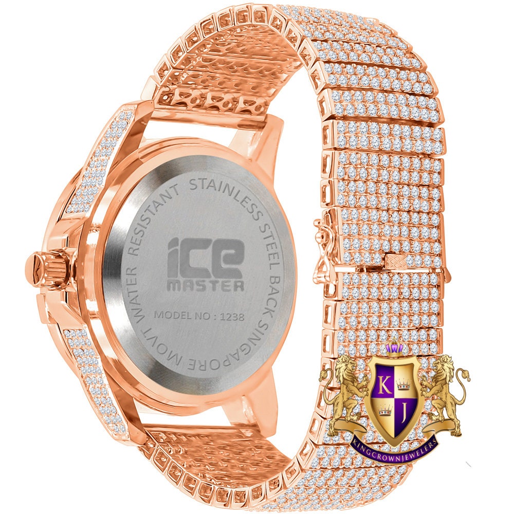 Men's Fully Iced 18k Rose Gold Finish Simulated Diamond 10 Row Custom Band Luxury Watch 44mm