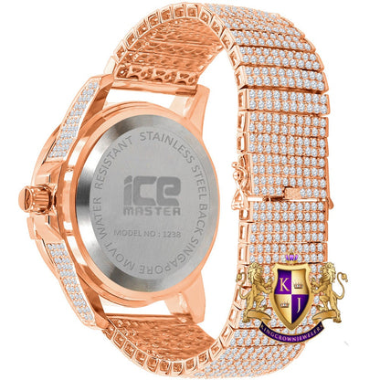 Men's Fully Iced 18k Rose Gold Finish Simulated Diamond 10 Row Custom Band Luxury Watch 44mm
