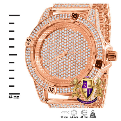 Men's Fully Iced 18k Rose Gold Finish Simulated Diamond 10 Row Custom Band Luxury Watch 44mm