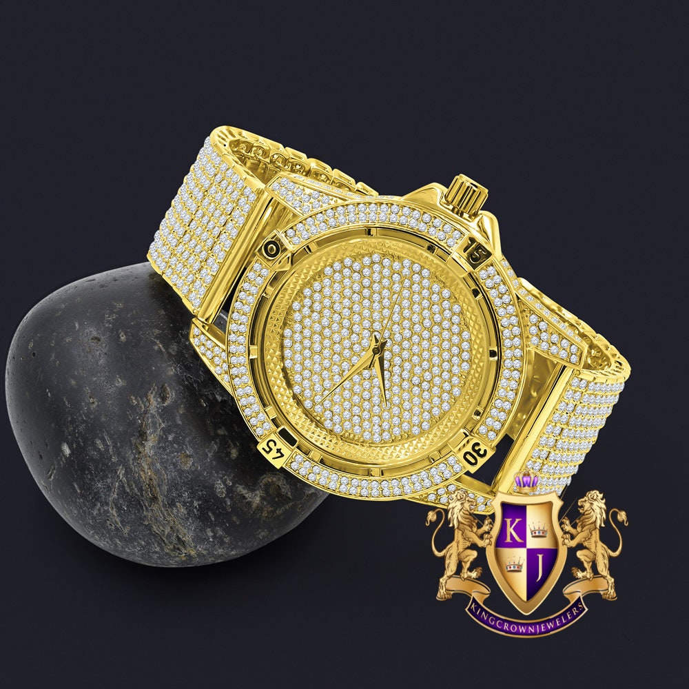 Men's Fully Iced 18k Yellow Gold Finish Simulated Diamond 10 Row Custom Band Luxury Watch 44mm