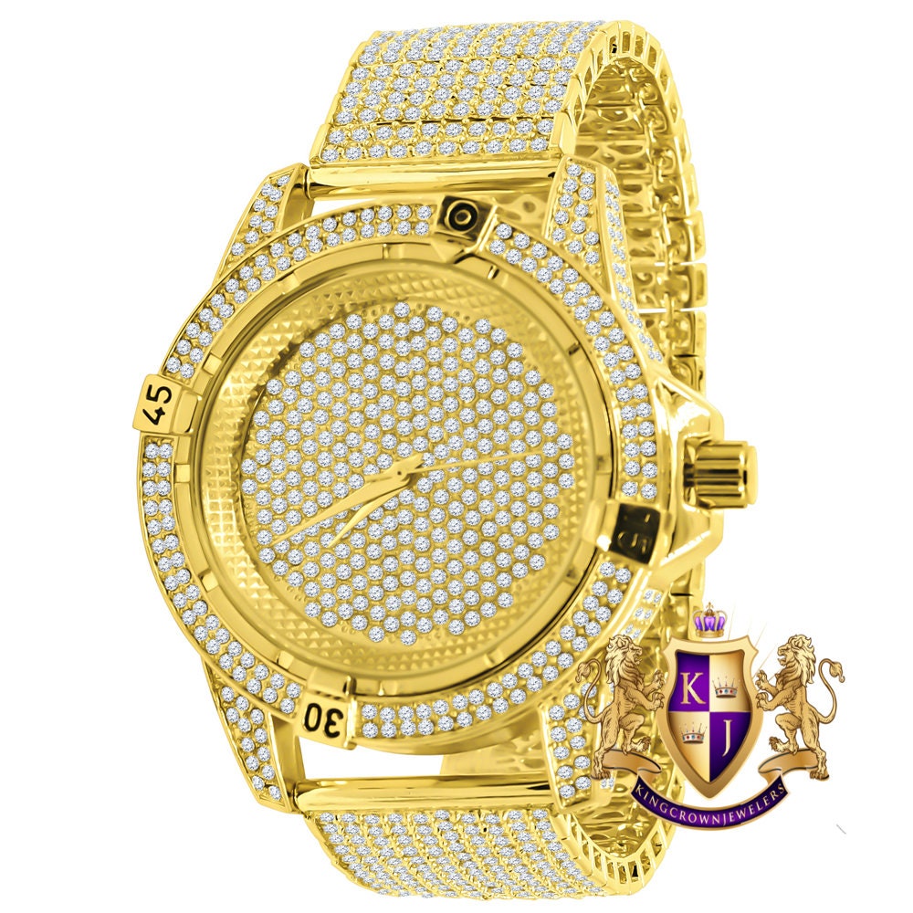 Men's Fully Iced 18k Yellow Gold Finish Simulated Diamond 10 Row Custom Band Luxury Watch 44mm