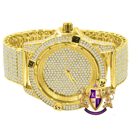 Men's Fully Iced 18k Yellow Gold Finish Simulated Diamond 10 Row Custom Band Luxury Watch 44mm