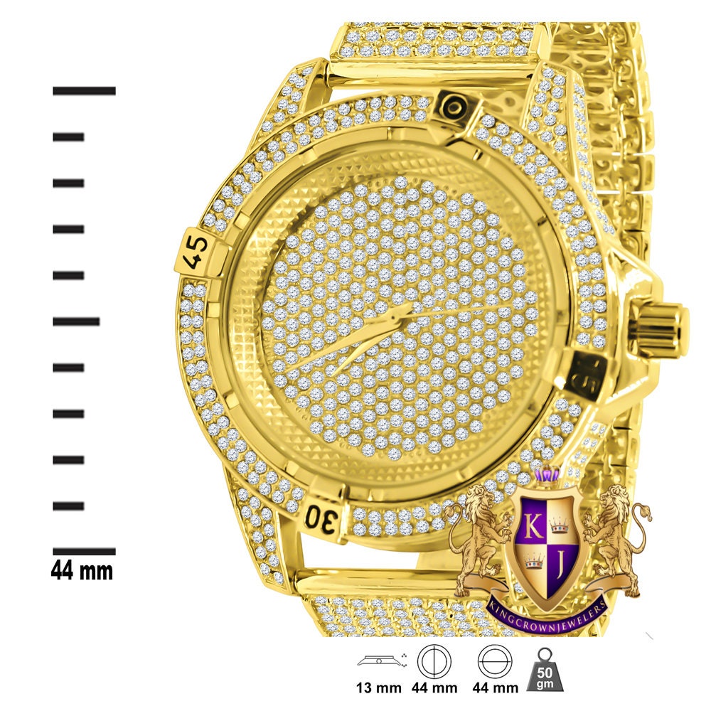 Men's Fully Iced 18k Yellow Gold Finish Simulated Diamond 10 Row Custom Band Luxury Watch 44mm