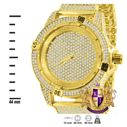 Men's Fully Iced 18k Yellow Gold Finish Simulated Diamond 10 Row Custom Band Luxury Watch 44mm