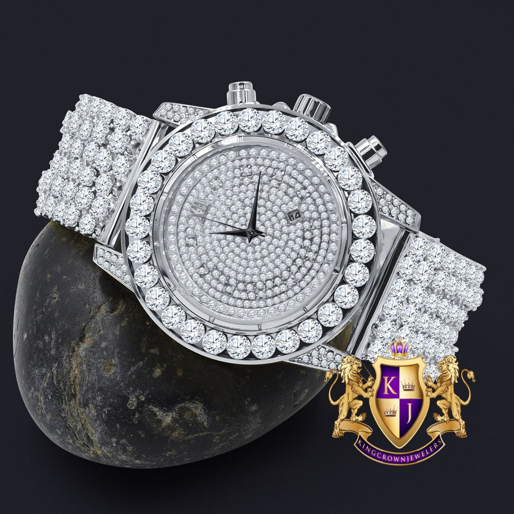 Fully Iced 18k White Gold Finish Simulated Diamond Custom Band Men's Luxury Watch 48mm W/Date