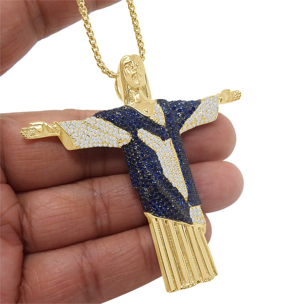 Custom Piece 33 + Grams Big XL 2.75'' 14k Gold Finish Simulated Diamond Jesus Face Full Body Charm Pendent Chain Set