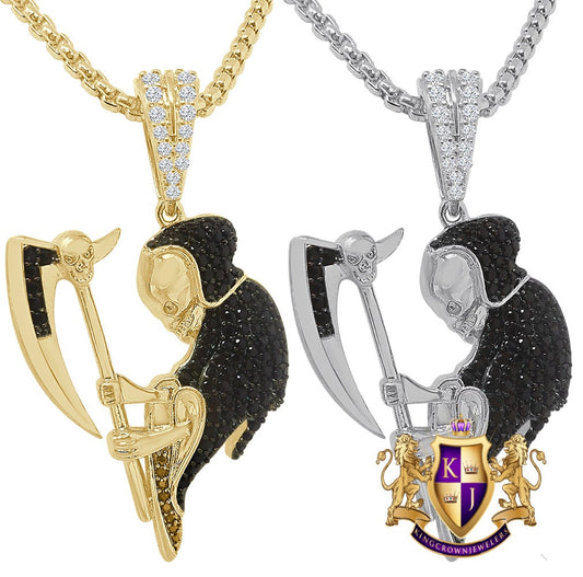 14K Gold Over Simulated Diamond Santa Muerte Grim Reaper Angel of Death Small 1.75'' Pendent Charm Chain Set
