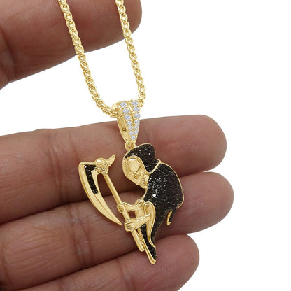 14K Gold Over Simulated Diamond Santa Muerte Grim Reaper Angel of Death Small 1.75'' Pendent Charm Chain Set