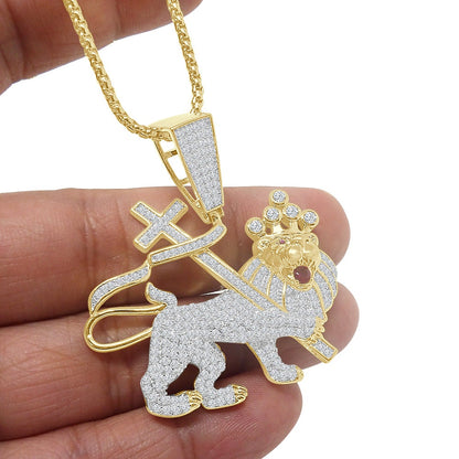 26 + Grams 14k Gold Finish Simulated Diamond Lion of Judah Charm Jewish Religious Pendent Chain Set