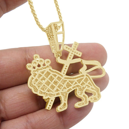 26 + Grams 14k Gold Finish Simulated Diamond Lion of Judah Charm Jewish Religious Pendent Chain Set