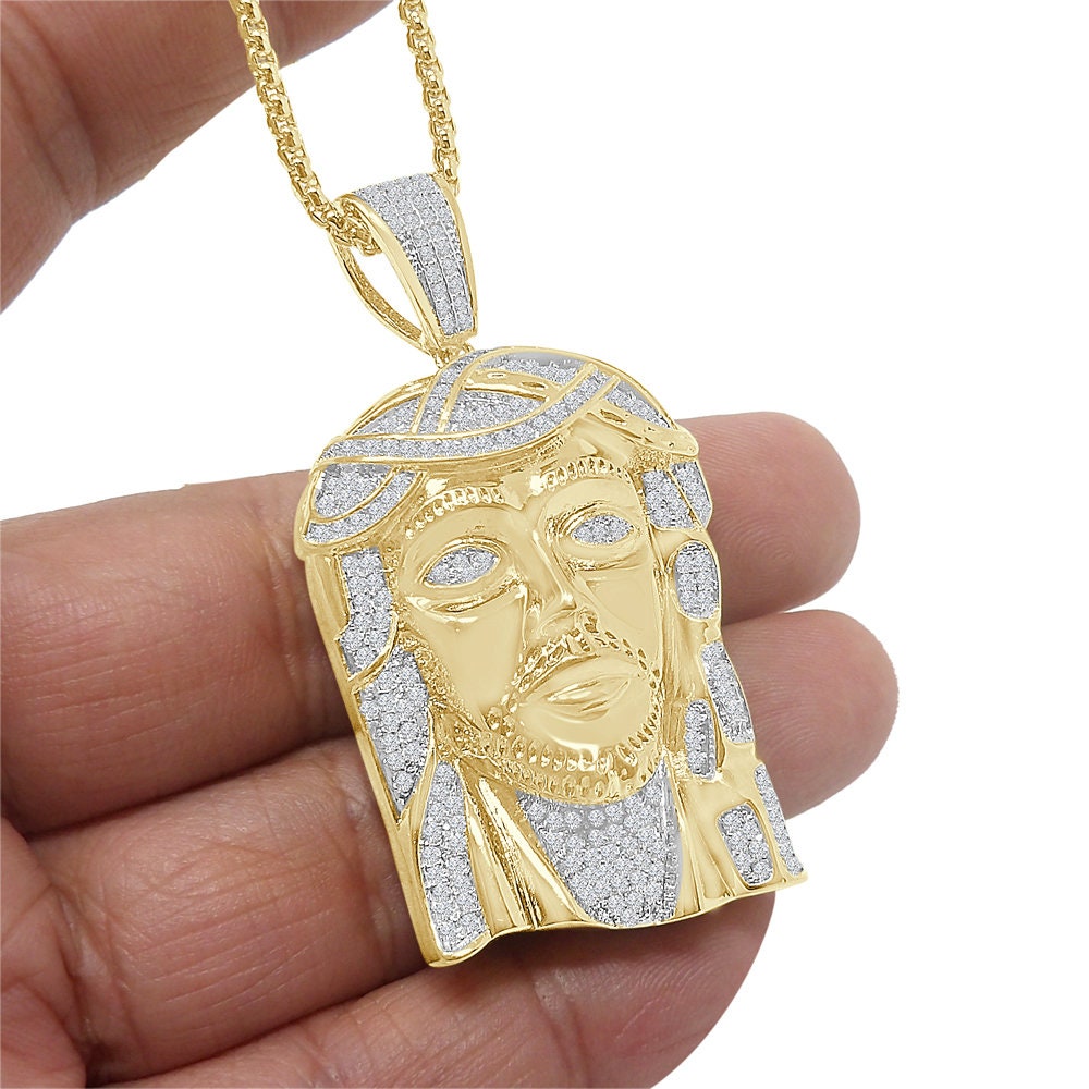 Custom Piece 30 + Grams Big 2.35'' 14k Gold Finish Simulated Diamond Jesus Face Piece Charm Pendent Chain Set