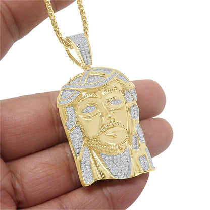 Custom Piece 30 + Grams Big 2.35'' 14k Gold Finish Simulated Diamond Jesus Face Piece Charm Pendent Chain Set
