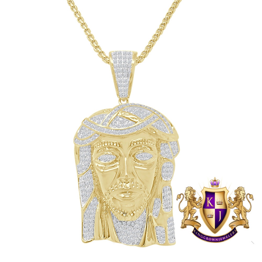 Custom Piece 30 + Grams Big 2.35'' 14k Gold Finish Simulated Diamond Jesus Face Piece Charm Pendent Chain Set