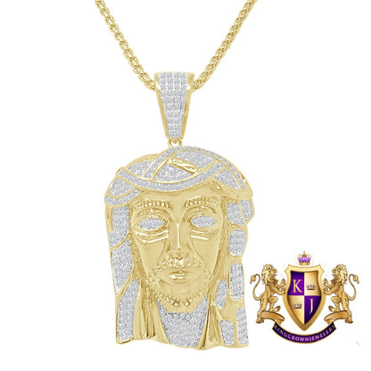 Custom Piece 30 + Grams Big 2.35'' 14k Gold Finish Simulated Diamond Jesus Face Piece Charm Pendent Chain Set