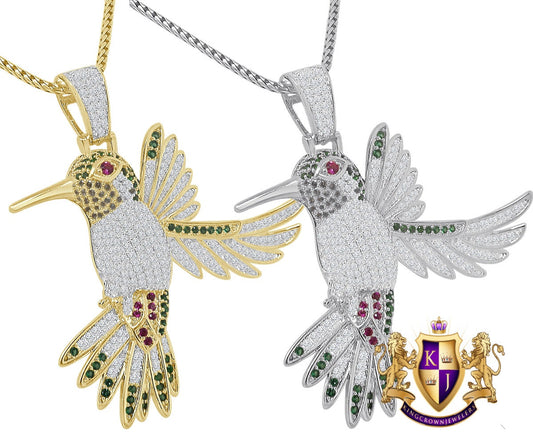 14K Gold Finish Multi Tone Simulated Diamond Hummingbird Pendant Mocking Charm Chain Set
