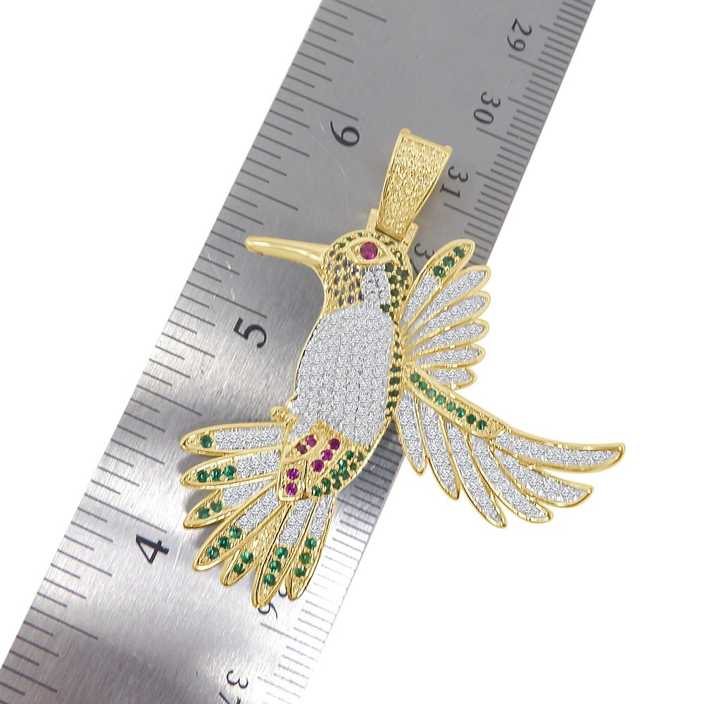 14K Gold Finish Multi Tone Simulated Diamond Hummingbird Pendant Mocking Charm Chain Set