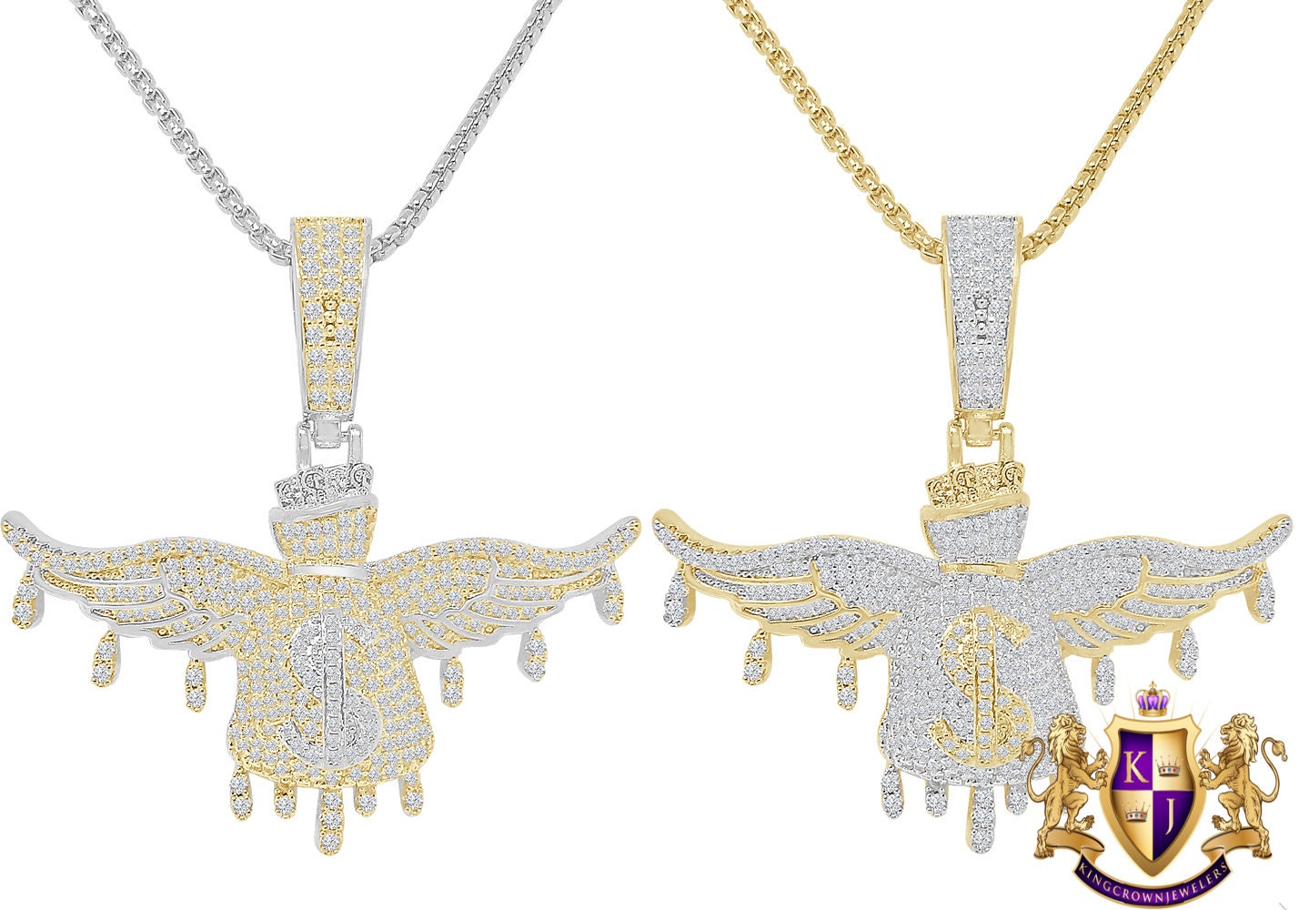 Custom Piece 14K Gold Over Simulated Diamond Flying Cash Money Dollar Bag Drip Pendant Pave Charm Chain Set 2.25''