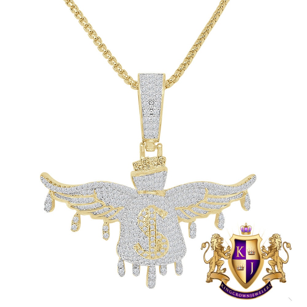 Custom Piece 14K Gold Over Simulated Diamond Flying Cash Money Dollar Bag Drip Pendant Pave Charm Chain Set 2.25''