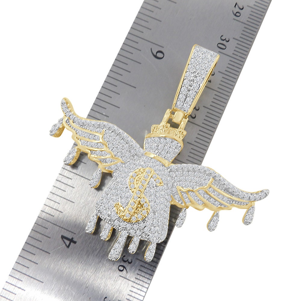 Custom Piece 14K Gold Over Simulated Diamond Flying Cash Money Dollar Bag Drip Pendant Pave Charm Chain Set 2.25''