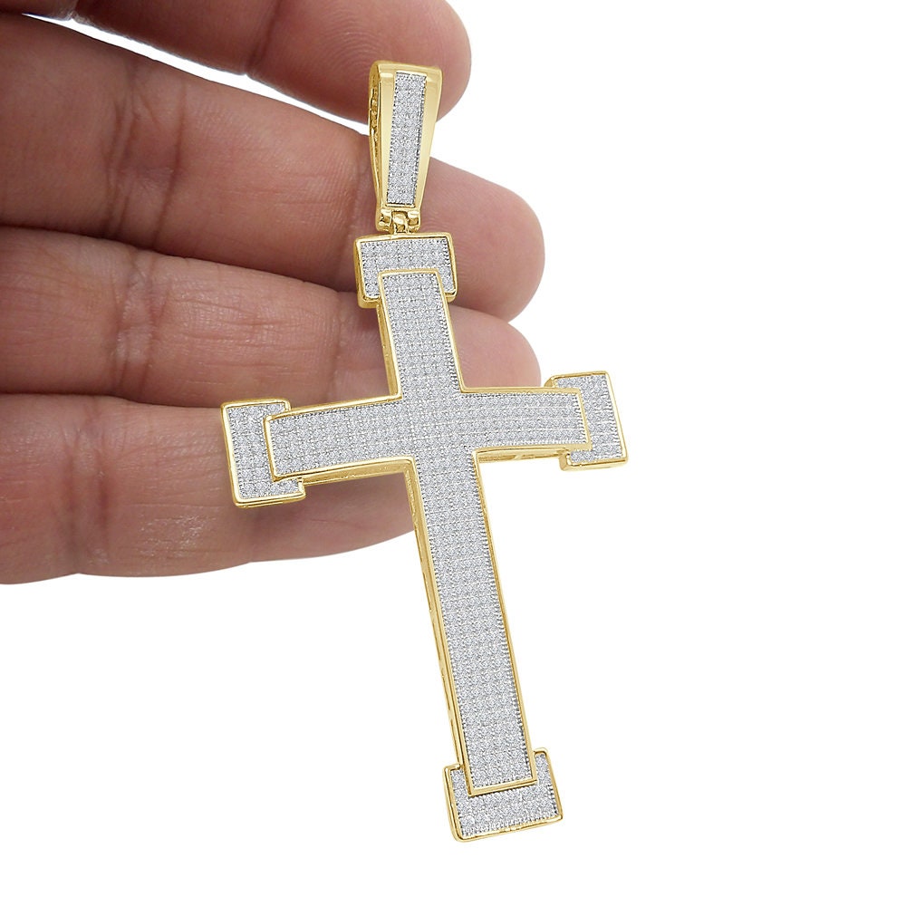 Men's Big XL 3.25'' Simulated Diamond 14K Gold Over Jesus Cross Designer Custom Charm Pendent
