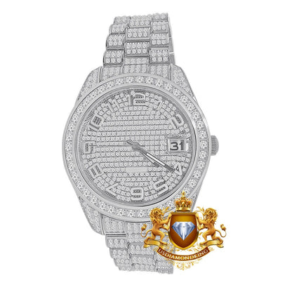 Solid Stainless Steel Solitaire Bezel 18K White Gold Finish Full Iced Dial & Band Men's Simlated Diamond Watch 42mm W/Date