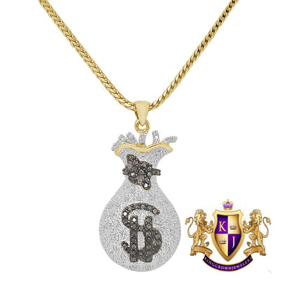 Real Genuine Diamond 0.40 Cwt. Dollar Sign Money Bag 10K Gold Finish Mini Pendent Charm Chain Set 1.50''