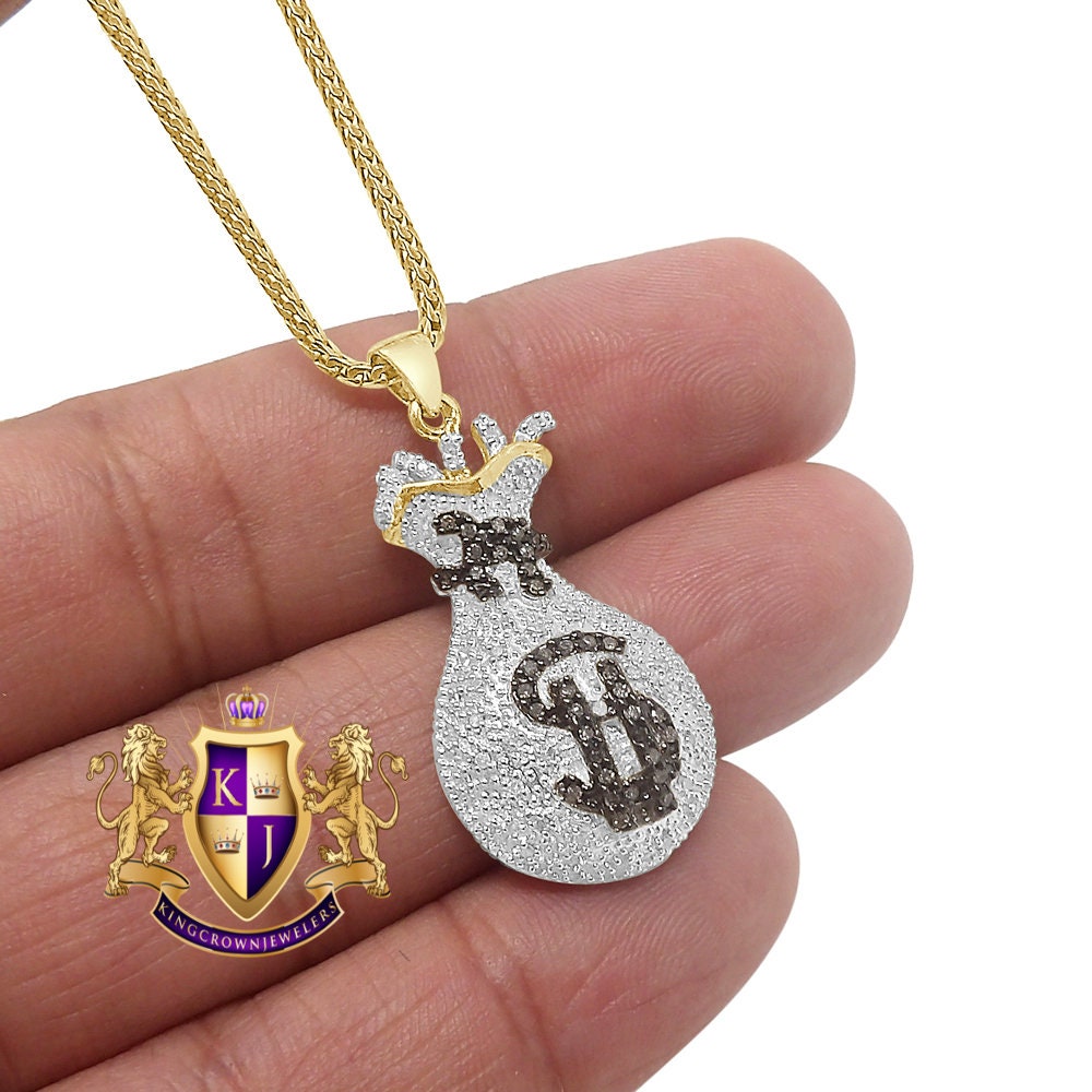 Real Genuine Diamond 0.40 Cwt. Dollar Sign Money Bag 10K Gold Finish Mini Pendent Charm Chain Set 1.50''