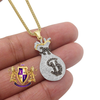 Real Genuine Diamond 0.40 Cwt. Dollar Sign Money Bag 10K Gold Finish Mini Pendent Charm Chain Set 1.50''