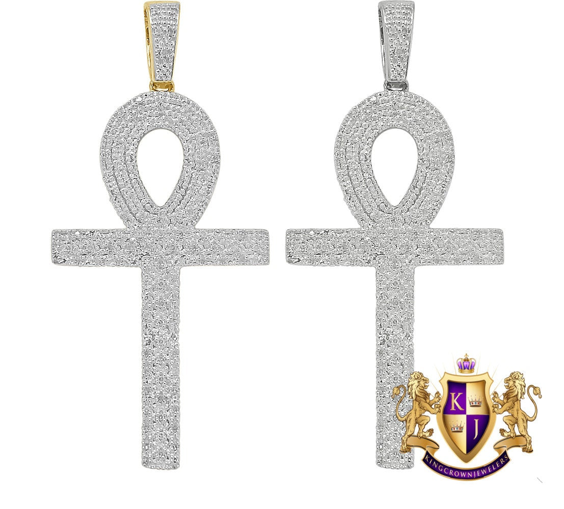 Real Genuine Diamond 0.40 Cwt. Egyptian Ankh Cross Piece Pendent Charm Chain Set 10K Gold Finish 2.35''