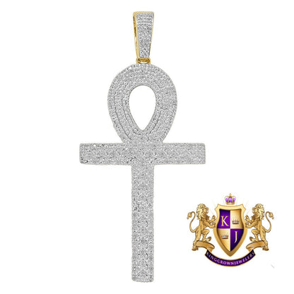 Real Genuine Diamond 0.40 Cwt. Egyptian Ankh Cross Piece Pendent Charm Chain Set 10K Gold Finish 2.35''