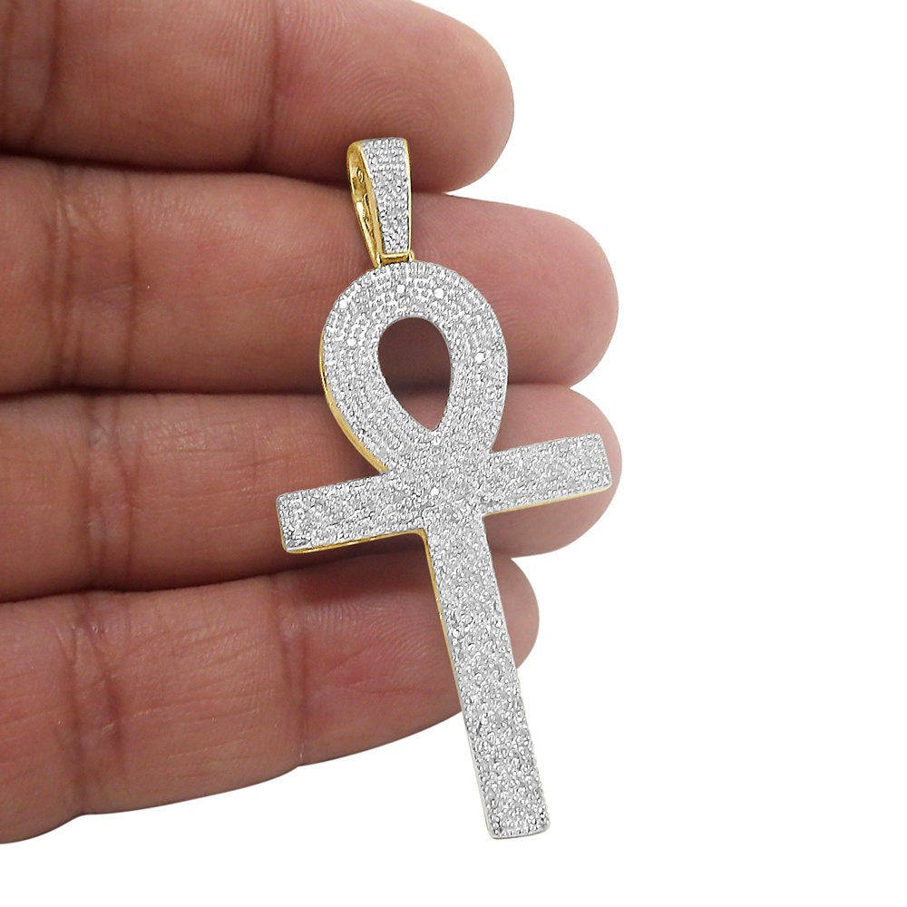 Real Genuine Diamond 0.40 Cwt. Egyptian Ankh Cross Piece Pendent Charm Chain Set 10K Gold Finish 2.35''