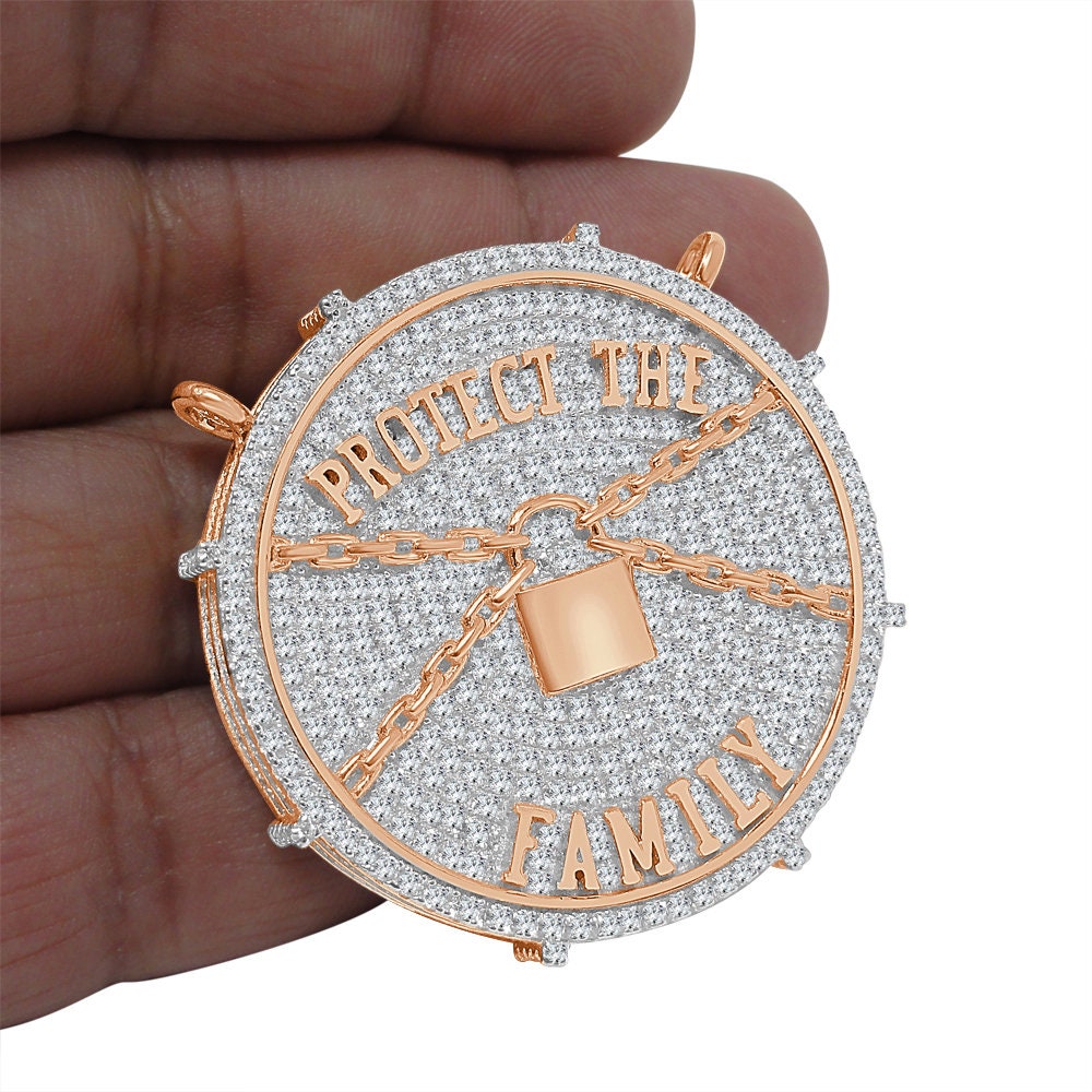 Exclusive Custom Piece 14K Rose Gold Over Real Sterling Silver Protect The Family 3D Pendant Medallion Charm 41 + Grams