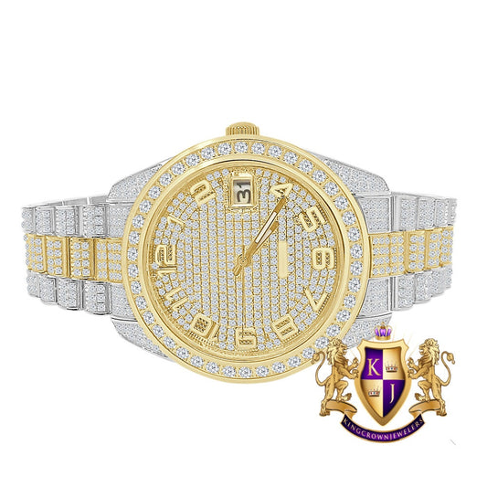 2 Tone Gold Finish Solid Stainless Steel Solitaire Bezel Full Iced Dial & Band Men's Simulated Diamond Watch 42mm W/Date