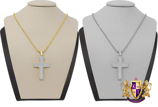 Unisex Real Genuine Diamond 10K Gold Finish Jesus Cross Mini Charm Pendent Chain Set 1.30''